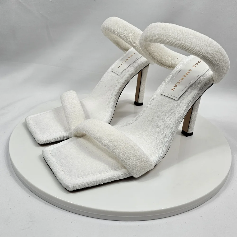 NIB Good American Terry Cloth Square Toe Heeled Sandal Stiletto White 8 Y2K Prom